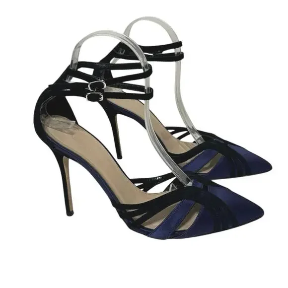J. Crew Navy and Black Strappy Pointed-Toe Stiletto Heels - Picture 2 of 13